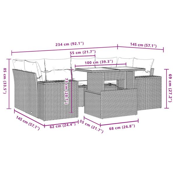 7-teiliges Gartensofa-Set mit Kissen, braun, Polyrattan