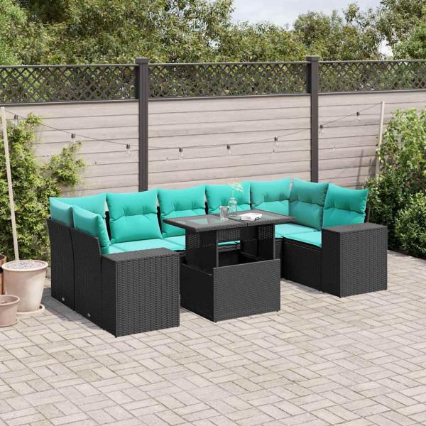 ARDEBO.de - 8-teiliges Gartensofa-Set mit Kissen, schwarzes Polyrattan
