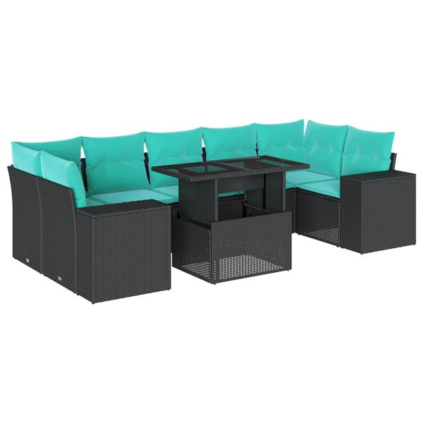 8-teiliges Gartensofa-Set mit Kissen, schwarzes Polyrattan