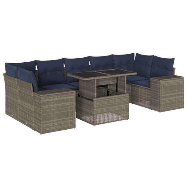 8-teiliges Gartensofa-Set mit Kissen, grau, Polyrattan