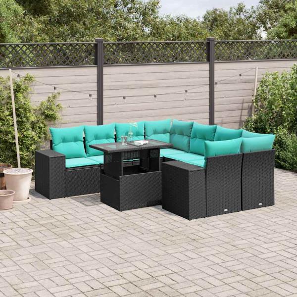 ARDEBO.de - 9-teiliges Gartensofa-Set mit Kissen, schwarzes Polyrattan