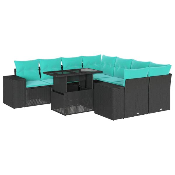 9-teiliges Gartensofa-Set mit Kissen, schwarzes Polyrattan