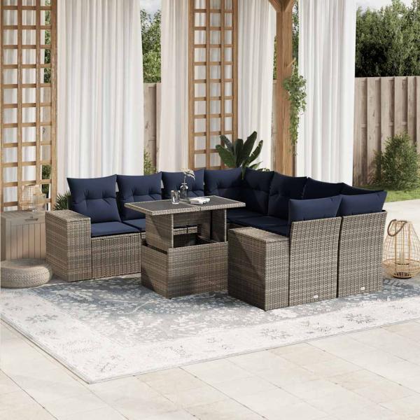 ARDEBO.de - 9-teiliges Gartensofa-Set mit Kissen, grau, Polyrattan