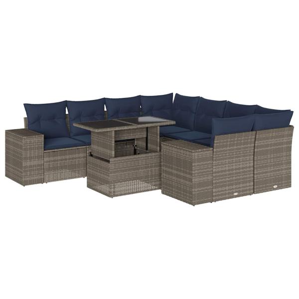 9-teiliges Gartensofa-Set mit Kissen, grau, Polyrattan