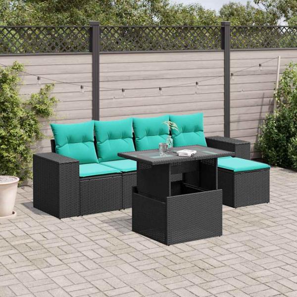 ARDEBO.de - 6-teiliges Gartensofa-Set mit Kissen, schwarzes Polyrattan