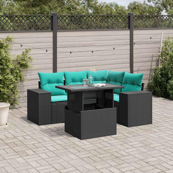 ARDEBO.de - 5-teiliges Gartensofa-Set mit Kissen, schwarzes Polyrattan