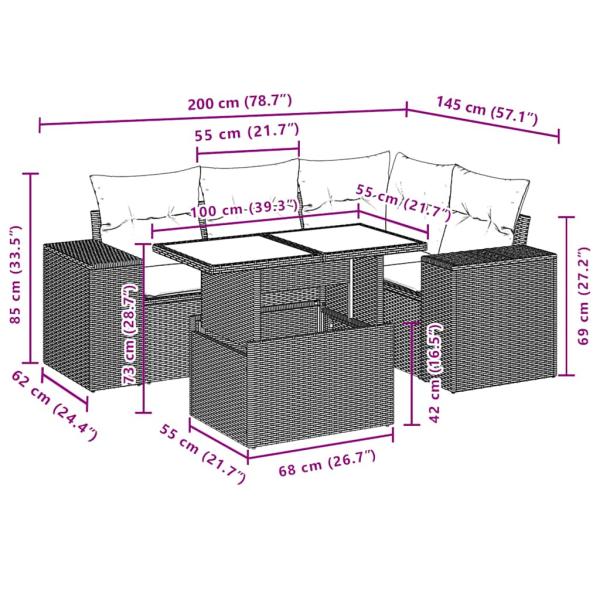 5-teiliges Gartensofa-Set mit Kissen, schwarzes Polyrattan