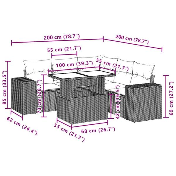 6-teiliges Gartensofa-Set mit Kissen, braun, Polyrattan