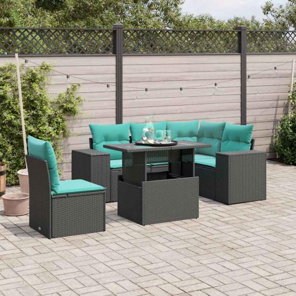 ARDEBO.de - 6-teiliges Gartensofa-Set mit Kissen, schwarzes Polyrattan