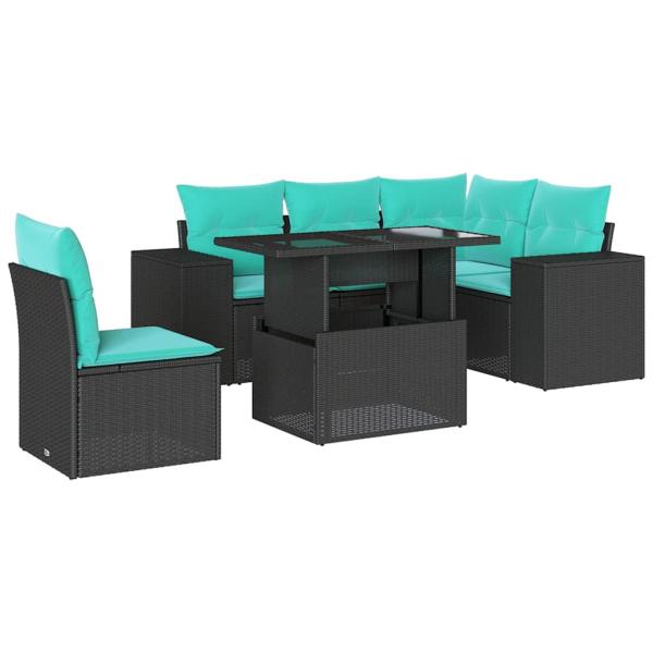 6-teiliges Gartensofa-Set mit Kissen, schwarzes Polyrattan