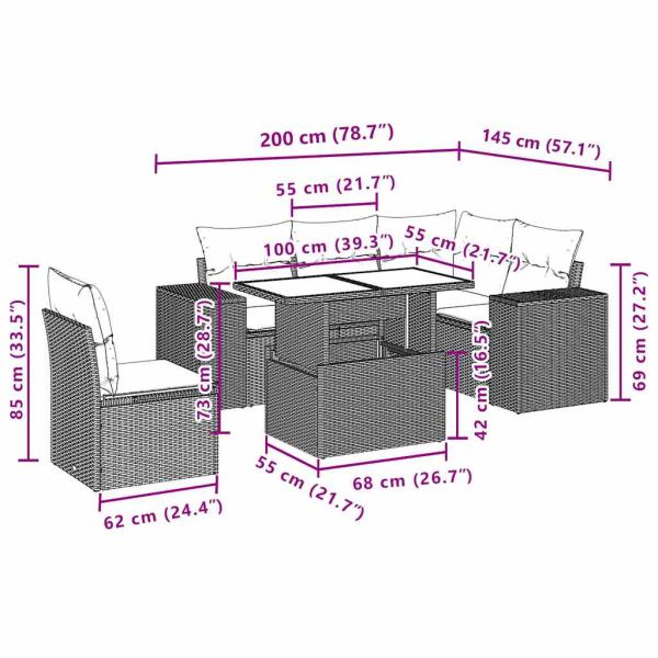 6-teiliges Gartensofa-Set mit Kissen, grau, Polyrattan