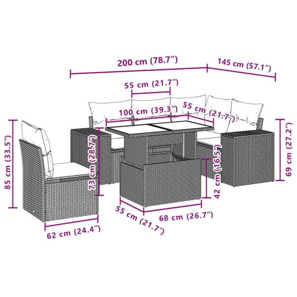 6-teiliges Gartensofa-Set mit Kissen, braun, Polyrattan