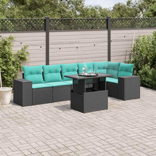 ARDEBO.de - 7-teiliges Gartensofa-Set mit Kissen, schwarzes Polyrattan