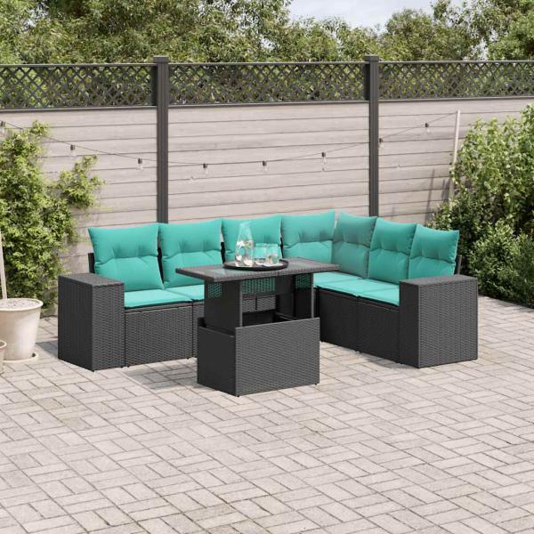 ARDEBO.de - 7-teiliges Gartensofa-Set mit Kissen, schwarzes Polyrattan