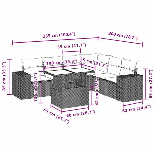 7-teiliges Gartensofa-Set mit Kissen, schwarzes Polyrattan