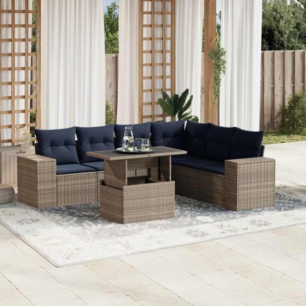 ARDEBO.de - 7-teiliges Gartensofa-Set mit Kissen, grau, Polyrattan
