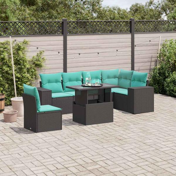ARDEBO.de - 7-teiliges Gartensofa-Set mit Kissen, schwarzes Polyrattan