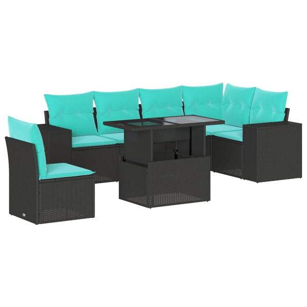 7-teiliges Gartensofa-Set mit Kissen, schwarzes Polyrattan