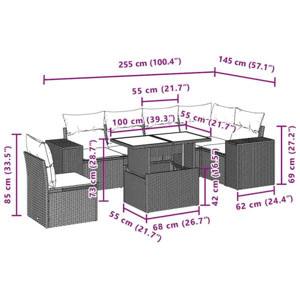 7-teiliges Gartensofa-Set mit Kissen, schwarzes Polyrattan