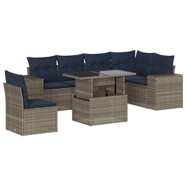 7-teiliges Gartensofa-Set mit Kissen, grau, Polyrattan