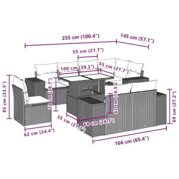 9-teiliges Gartensofa-Set mit Kissen, grau, Polyrattan