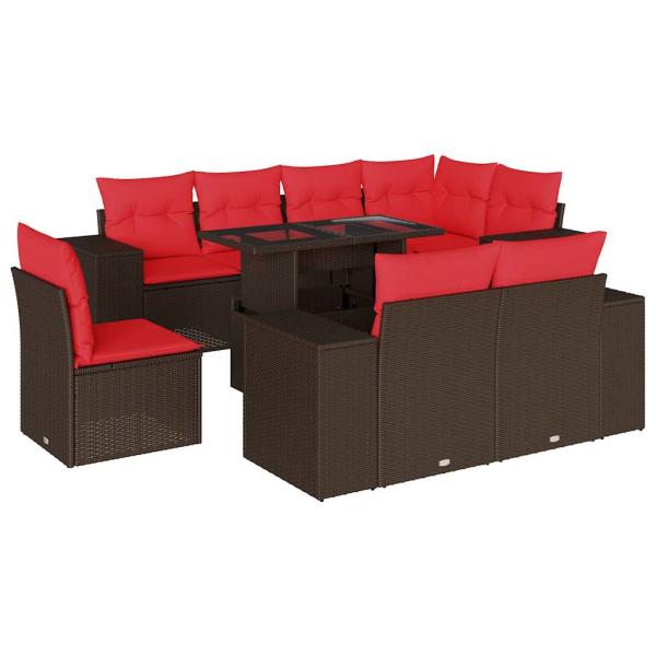 9-teiliges Gartensofa-Set mit Kissen, braun, Polyrattan