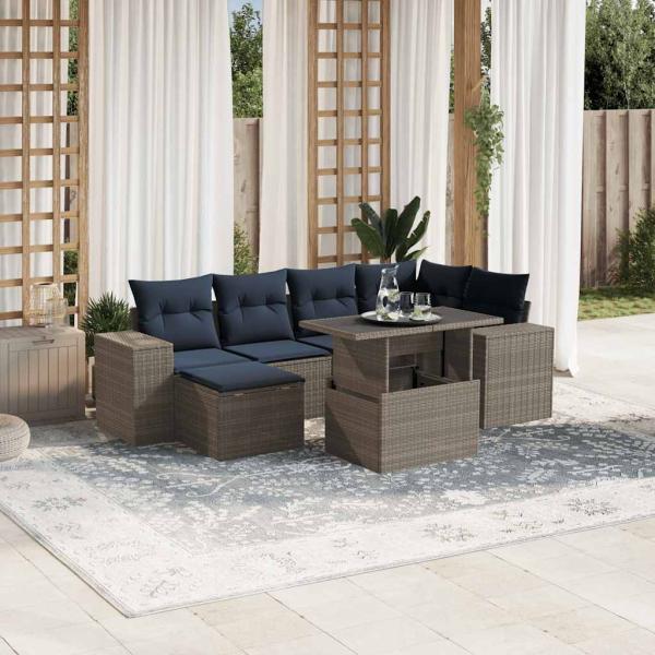 ARDEBO.de - 7-teiliges Gartensofa-Set mit Kissen, grau, Polyrattan