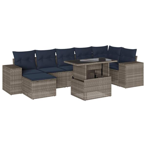 8-teiliges Gartensofa-Set mit Kissen, grau, Polyrattan