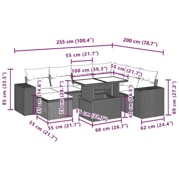 8-teiliges Gartensofa-Set mit Kissen, schwarzes Polyrattan
