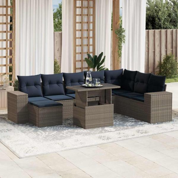 ARDEBO.de - 9-teiliges Gartensofa-Set mit Kissen, grau, Polyrattan