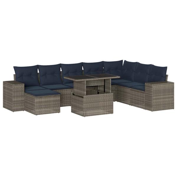 9-teiliges Gartensofa-Set mit Kissen, grau, Polyrattan