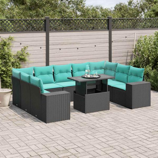 ARDEBO.de - 10-teiliges Gartensofa-Set mit Kissen, schwarzes Polyrattan