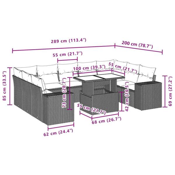 10-teiliges Gartensofa-Set mit Kissen, schwarzes Polyrattan
