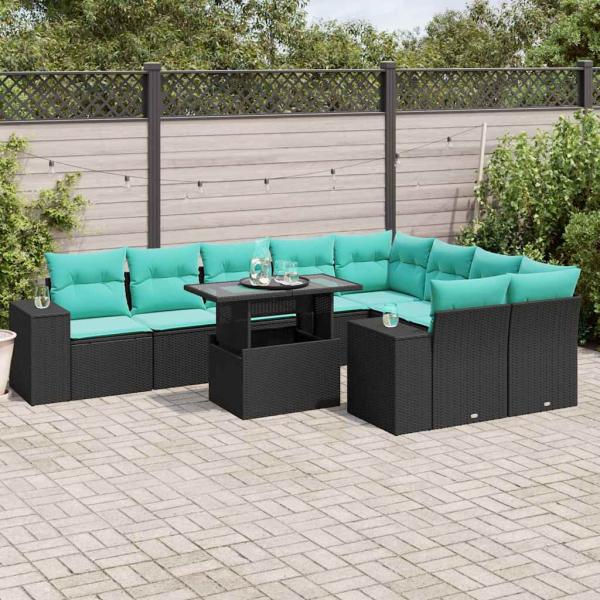 ARDEBO.de - 10-teiliges Gartensofa-Set mit Kissen, schwarzes Polyrattan