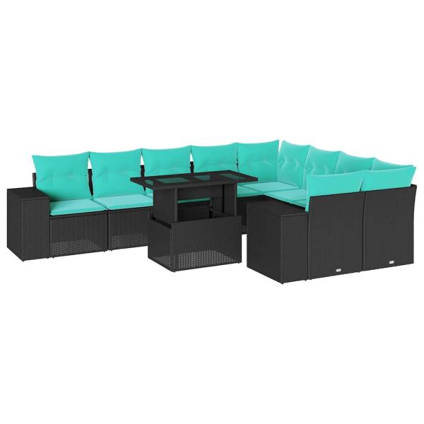 10-teiliges Gartensofa-Set mit Kissen, schwarzes Polyrattan