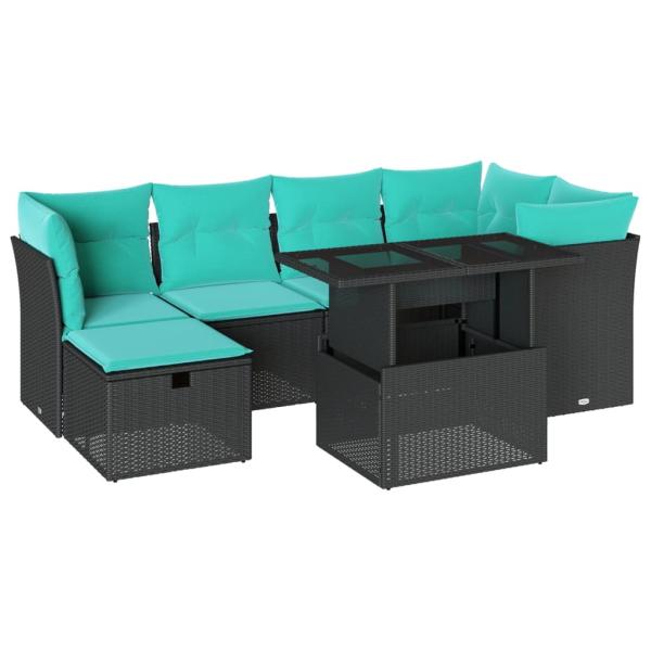 7-teiliges Gartensofa-Set mit Kissen, schwarzes Polyrattan