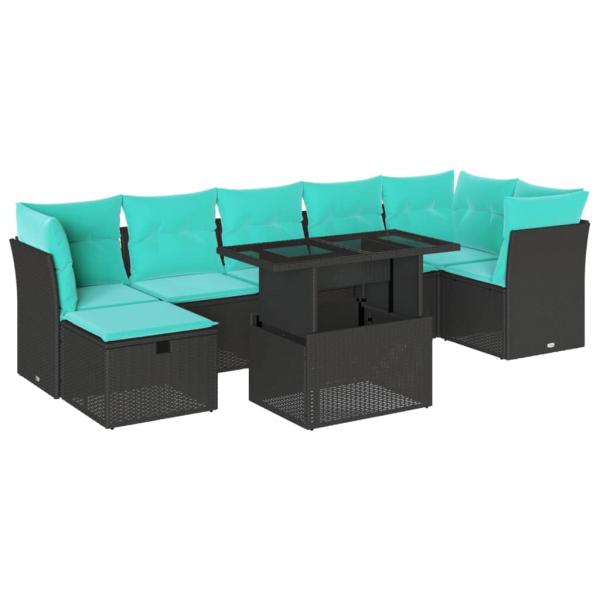 8-teiliges Gartensofa-Set mit Kissen, schwarzes Polyrattan