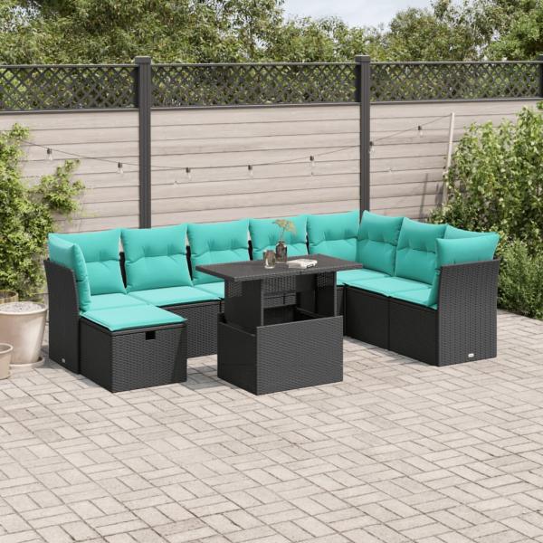 ARDEBO.de - 9-teiliges Gartensofa-Set mit Kissen, schwarzes Polyrattan