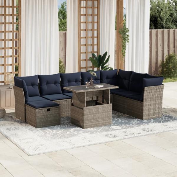 ARDEBO.de - 9-teiliges Gartensofa-Set mit Kissen, grau, Polyrattan