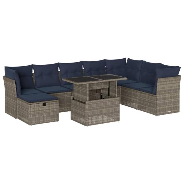 9-teiliges Gartensofa-Set mit Kissen, grau, Polyrattan