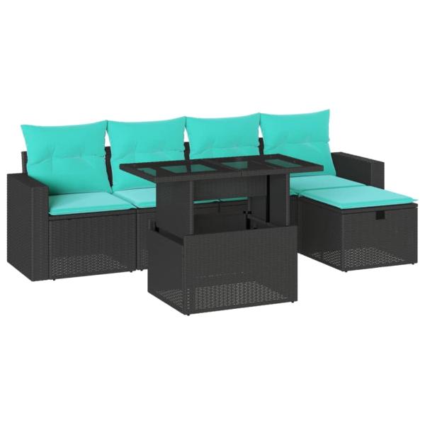 6-teiliges Gartensofa-Set mit Kissen, schwarzes Polyrattan