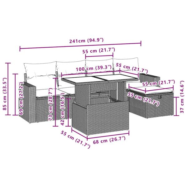 6-teiliges Gartensofa-Set mit Kissen, braun, Polyrattan