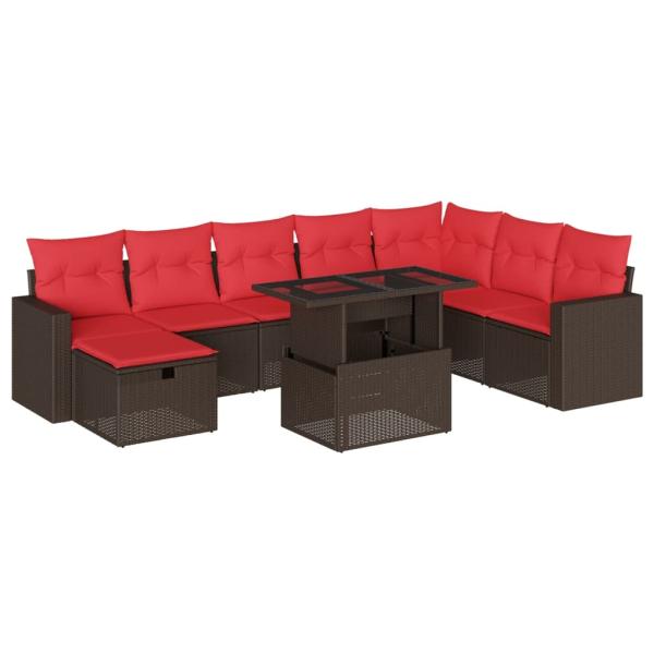 9-teiliges Gartensofa-Set mit Kissen, braun, Polyrattan