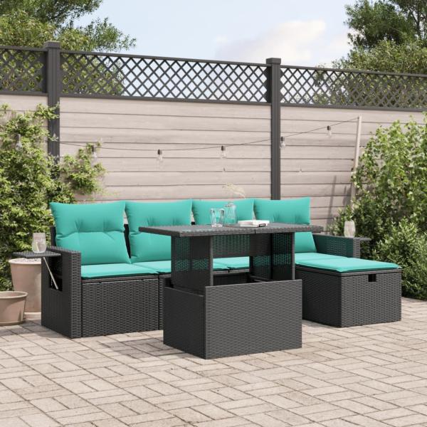 ARDEBO.de - 6-teiliges Gartensofa-Set mit Kissen, schwarzes Polyrattan