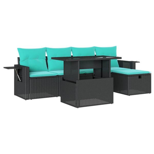 6-teiliges Gartensofa-Set mit Kissen, schwarzes Polyrattan