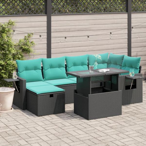 ARDEBO.de - 7-teiliges Gartensofa-Set mit Kissen, schwarzes Polyrattan
