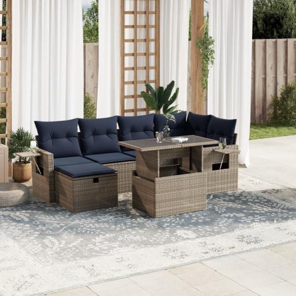 ARDEBO.de - 7-teiliges Gartensofa-Set mit Kissen, grau, Polyrattan
