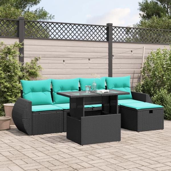 ARDEBO.de - 6-teiliges Gartensofa-Set mit Kissen, schwarzes Polyrattan