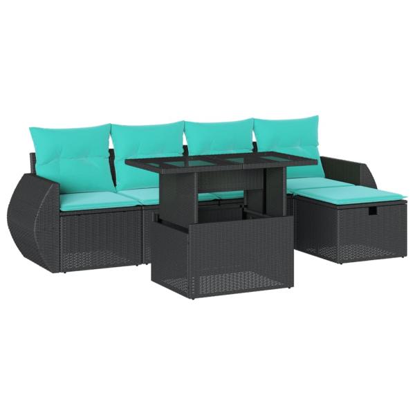 6-teiliges Gartensofa-Set mit Kissen, schwarzes Polyrattan