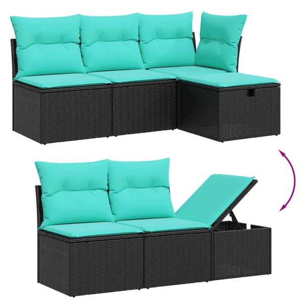7-teiliges Gartensofa-Set mit Kissen, schwarzes Polyrattan